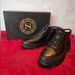 Size 7 Men's Black Hightop Luxury Leather Sneakers with Side Zipper, NWT 🇨🇦